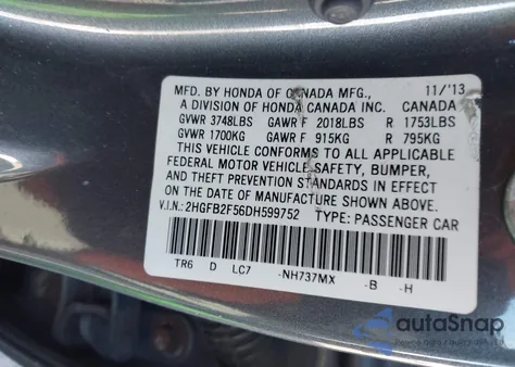 2013 Honda Civic Lx from USA, damaged, VIN 2HGFB2F56DH599752